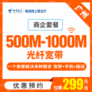 【广州电信】商企套餐 光纤宽带 300M 500M 1000M独享光纤包年套餐